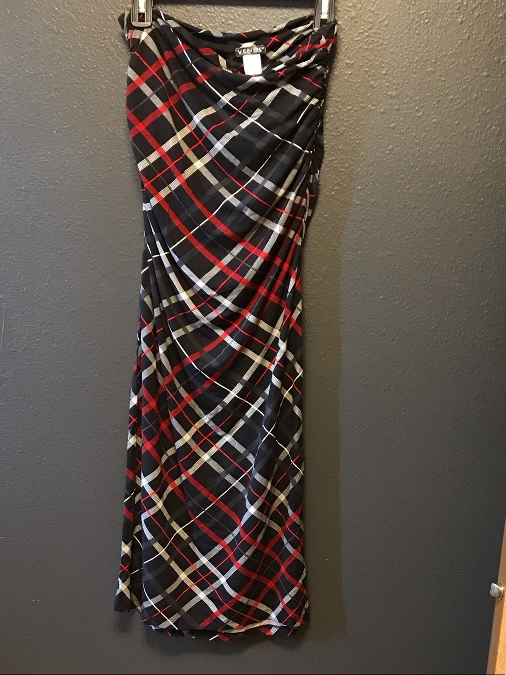 VENUS dark blue Plaid Maxi Skirt with Red & White Lines